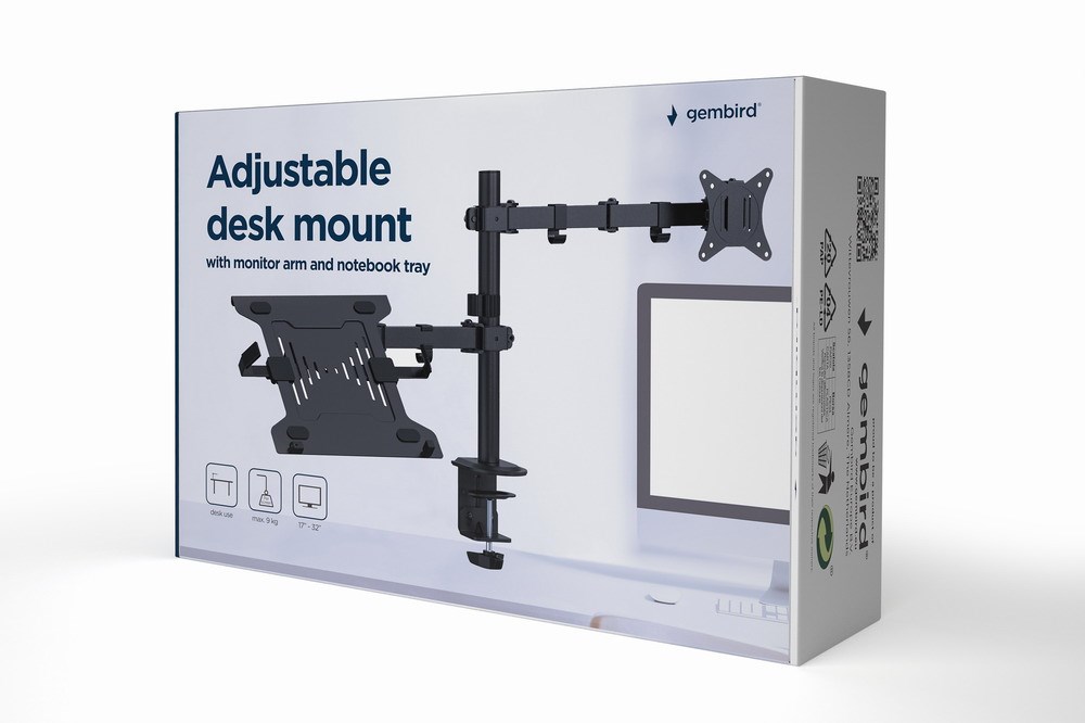 Gembird MA-DA-03 Adjustable desk mount with monitor arm and notebook tray (rotate, tilt, swivel), 17”-32”, up to 9 kg-2