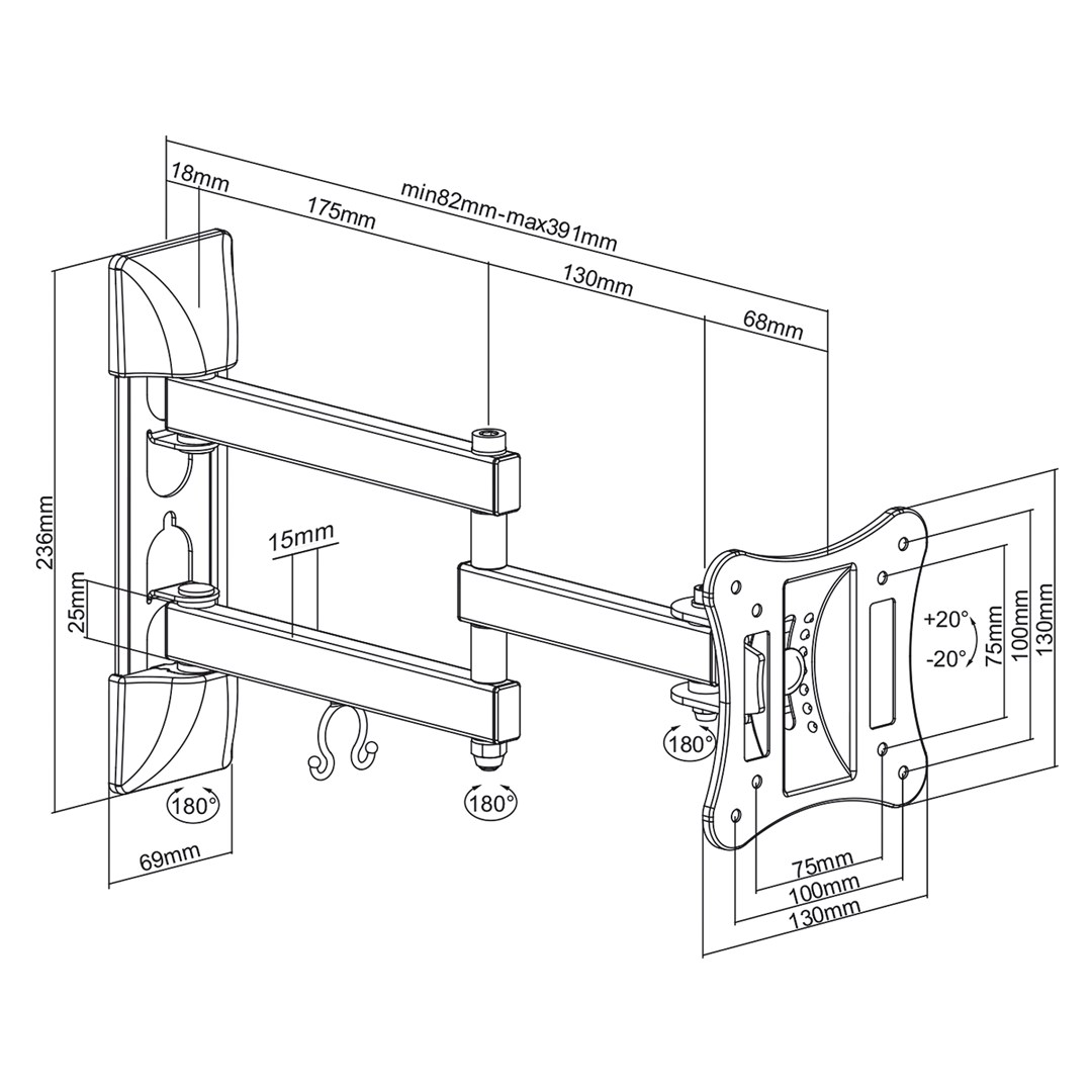 Nosač za TV/monitor zidni MACLEAN MC-719 (13"- 27", do 15 kg, nagib -20°+ 20°, zakret 180°)-3