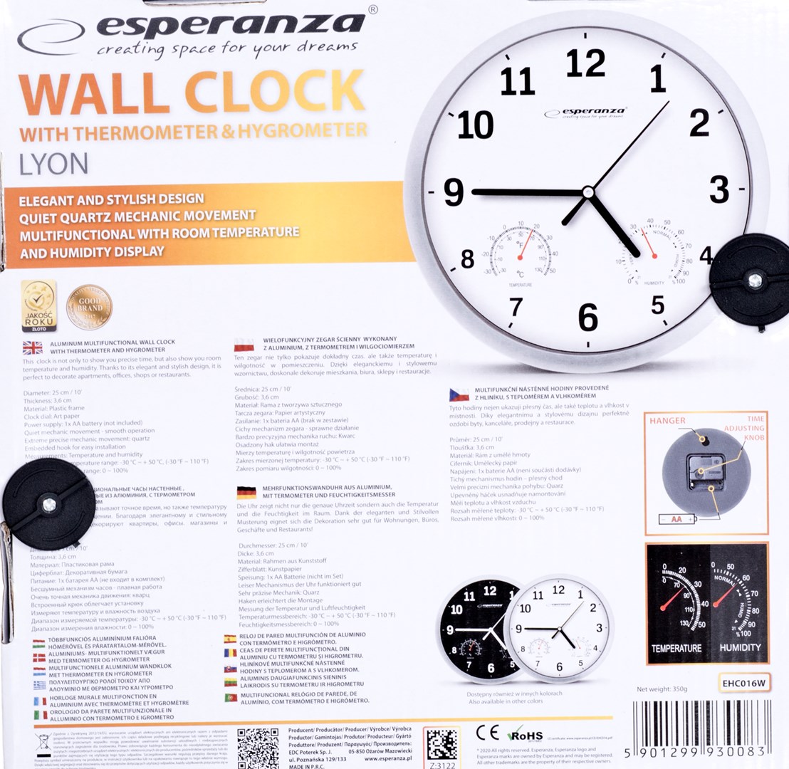 Zidni sat ESPERANZA EHC016K (mehanički, okrugli crni, promjer 25 cm)-2