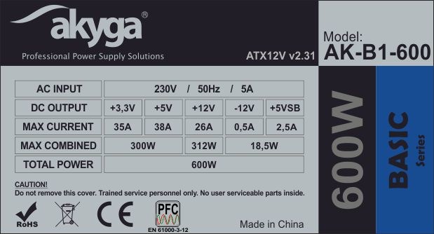 Napajanje AKYGA AK-B1-600 (600 W, 20+4 pin ATX, ATX) sivo-3