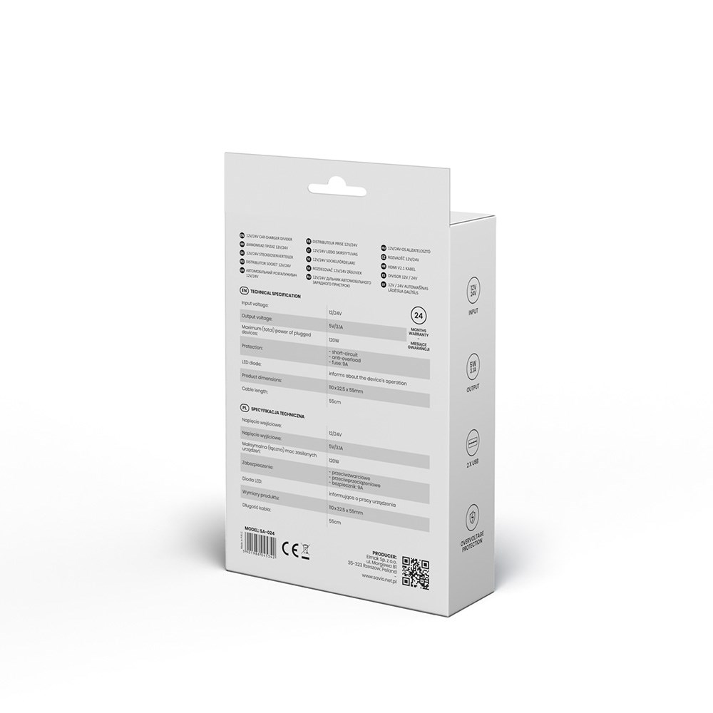 Razdjelnik auto utičnice SAVIO SA-024 (3x utičnica upaljača, 2x USB-A, 120 W, 12 V / 24 V, crni)-1
