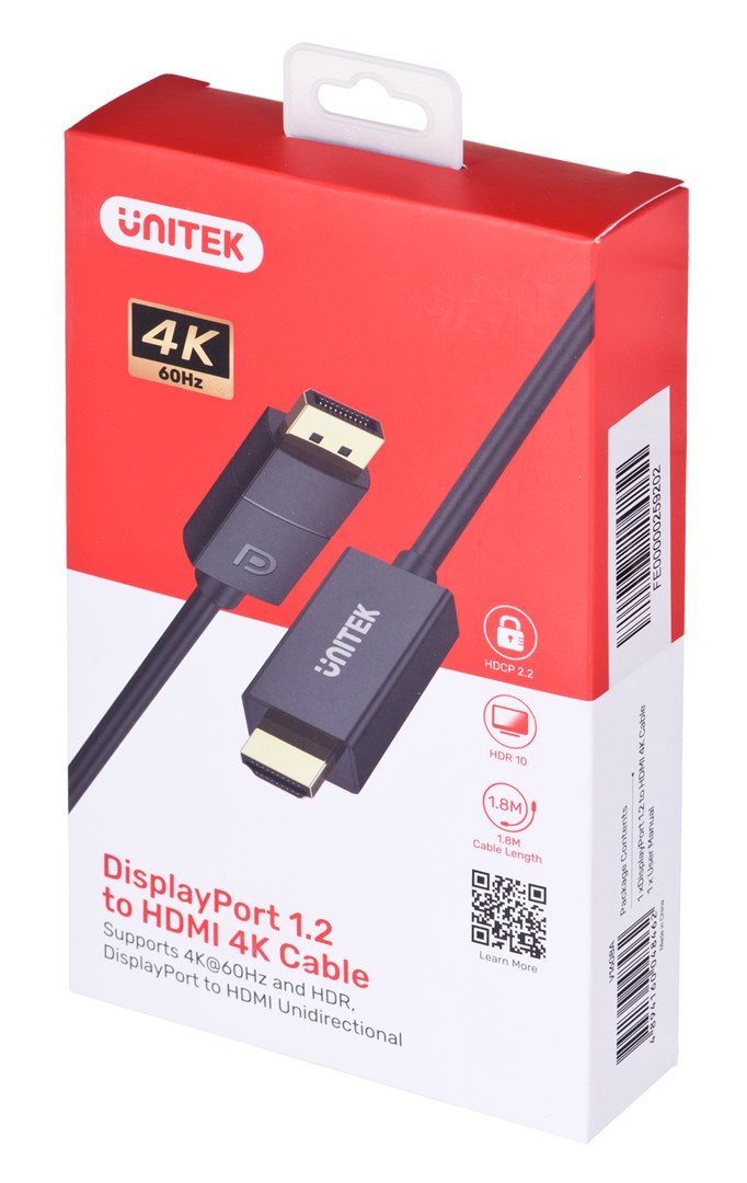 Kabel UNITEK DisplayPort 1.2 HDMI 4K@60HZ 1,8M V1608A-2