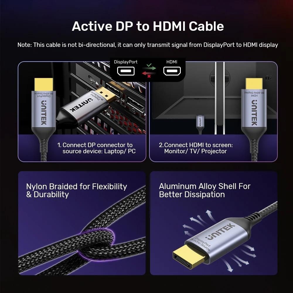 Kabel DisplayPort na HDMI UNITEK CABLE DISPLAYPORT 1.4 TO HDMI 2.1, 8K, 1,8M (8K, 1.8 metara)-3