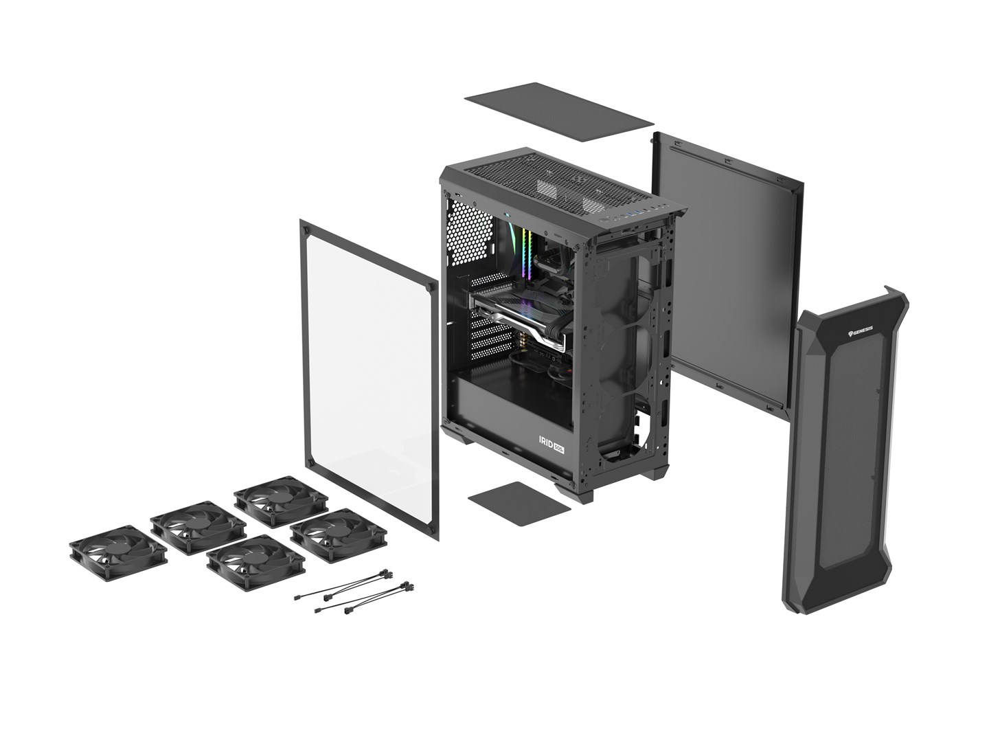 PC kućište GENESIS Irid 505F Midi Tower Black (3x 120 mm prednji ventilatori, 2x 120 mm gornji ventilatori, podržava ATX, micro ATX, Mini-ITX matične ploče, težina 7.1 kg)-16