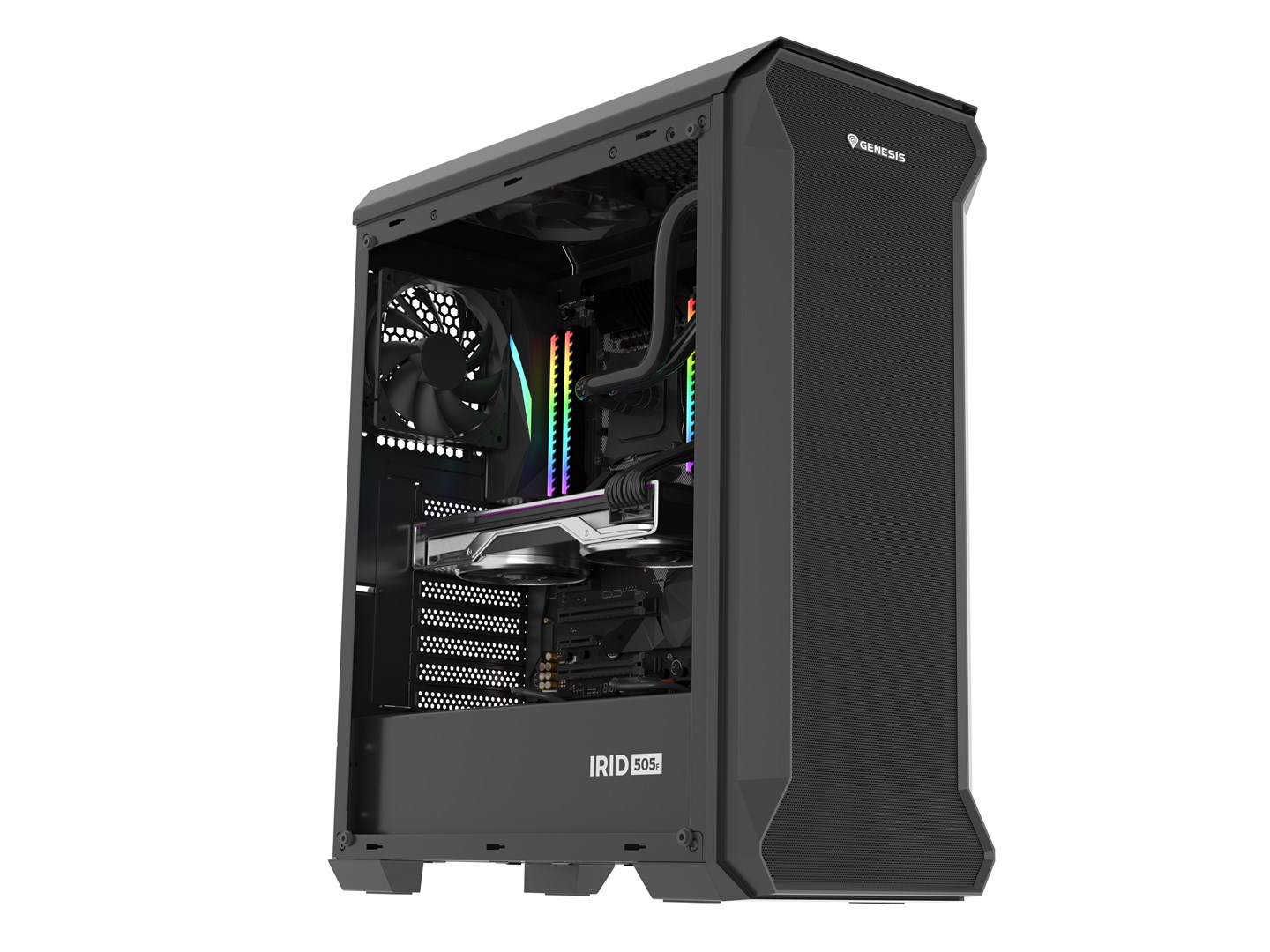 PC kućište GENESIS Irid 505F Midi Tower Black (3x 120 mm prednji ventilatori, 2x 120 mm gornji ventilatori, podržava ATX, micro ATX, Mini-ITX matične ploče, težina 7.1 kg)-7