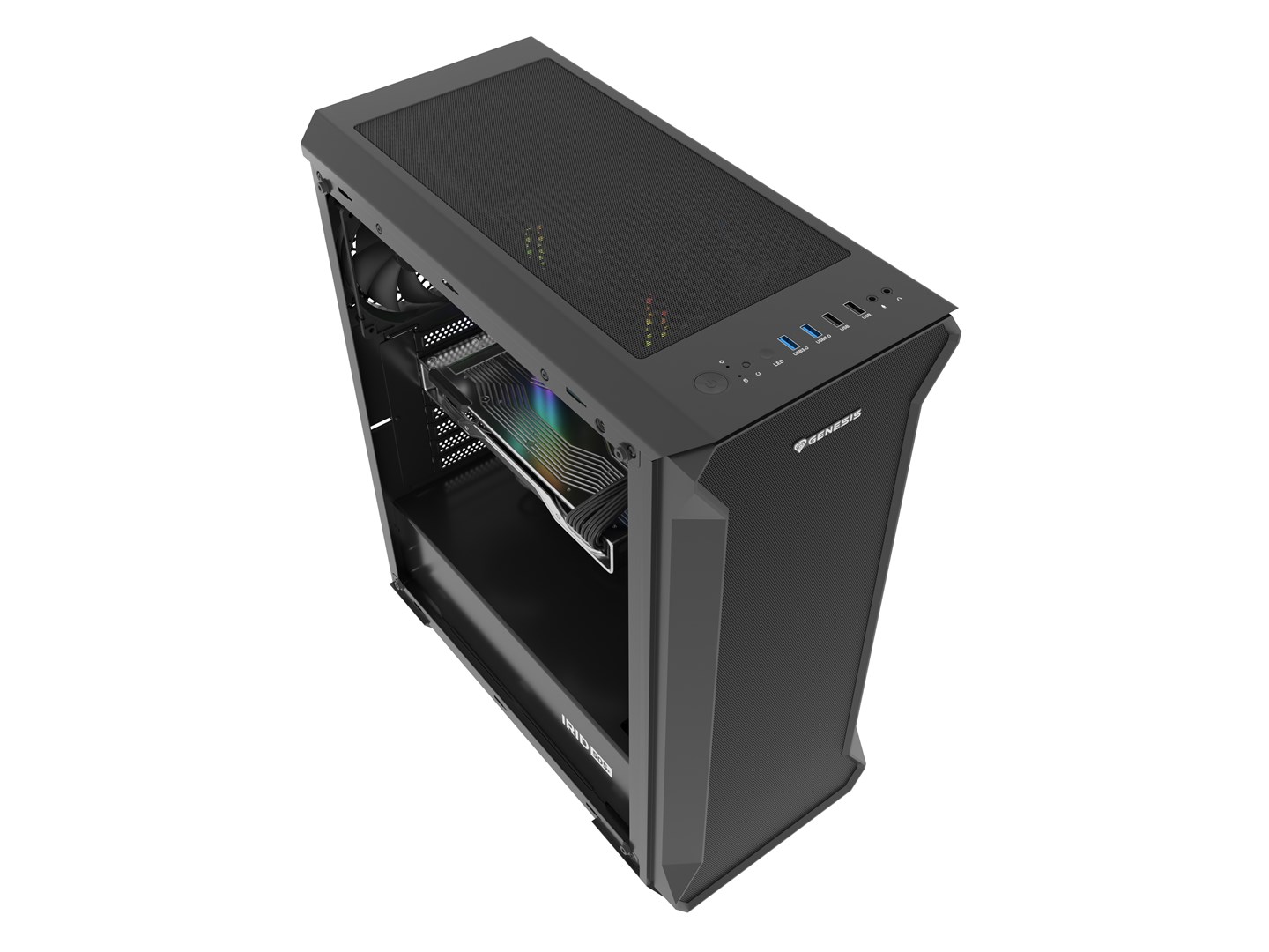 PC kućište GENESIS Irid 505F Midi Tower Black (3x 120 mm prednji ventilatori, 2x 120 mm gornji ventilatori, podržava ATX, micro ATX, Mini-ITX matične ploče, težina 7.1 kg)-12