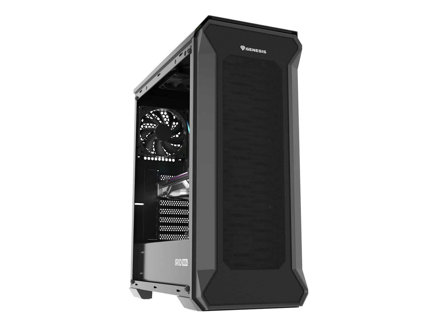 PC kućište GENESIS Irid 505F Midi Tower Black (3x 120 mm prednji ventilatori, 2x 120 mm gornji ventilatori, podržava ATX, micro ATX, Mini-ITX matične ploče, težina 7.1 kg)-10