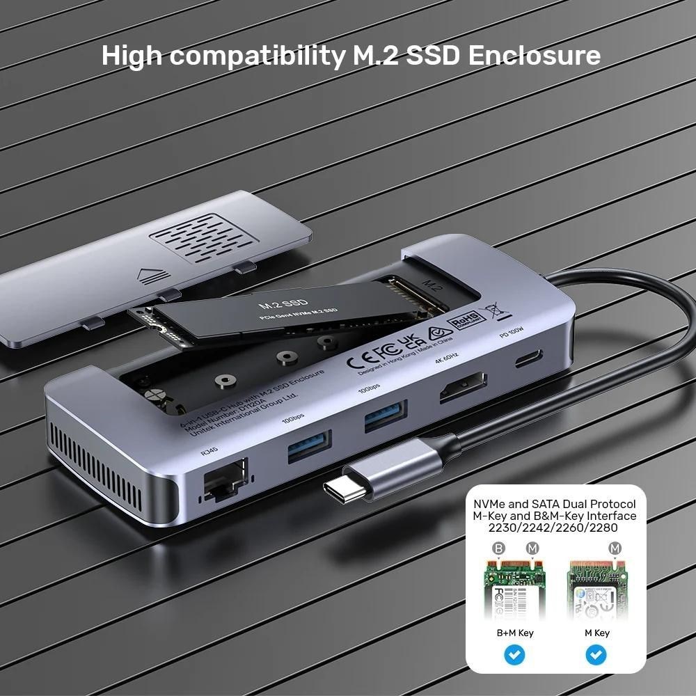 Aktivni hub s M.2 SSD kućištem UNITEK ACTIVE HUB 6-IN-1 USB-C (USB-C, 6 u 1)-6