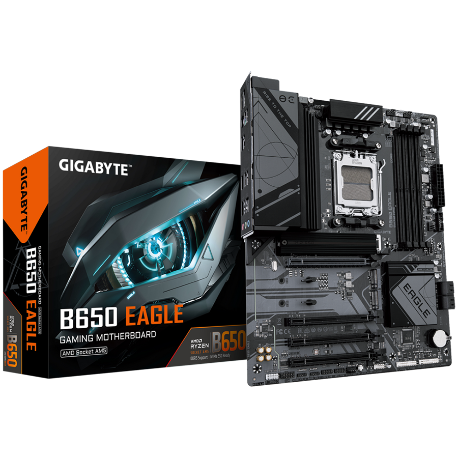 GIGABYTE B650 EAGLE Motherboard - AMD Ryzen 9000 Series CPUs, 12+2+2 Phases VRM, up to 7600MHz DDR5 (OC), 1xPCIe 5.0 + 2xPCIe 4.0 M.2, GbE LAN, USB 3.2 Gen 2-0