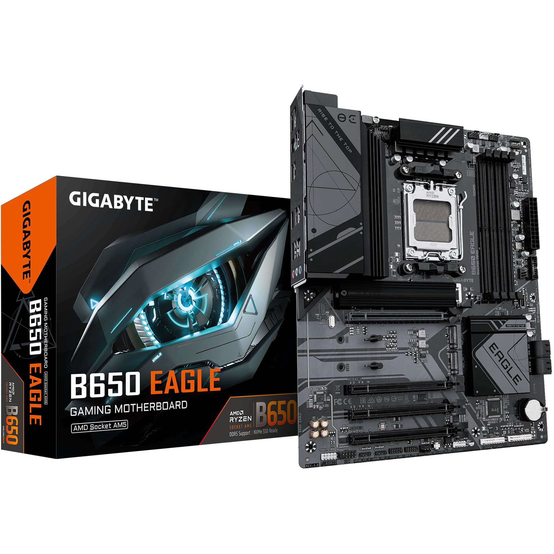 GIGABYTE B650 EAGLE Motherboard - AMD Ryzen 9000 Series CPUs, 12+2+2 Phases VRM, up to 7600MHz DDR5 (OC), 1xPCIe 5.0 + 2xPCIe 4.0 M.2, GbE LAN, USB 3.2 Gen 2-3