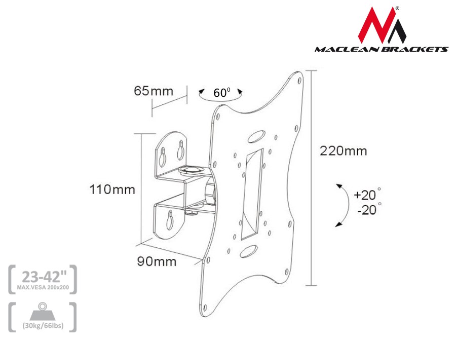 Univerzalni zidni nosač za TV MACLEAN MC-501A (23-42", do 30kg, VESA 200x200, crna)-3