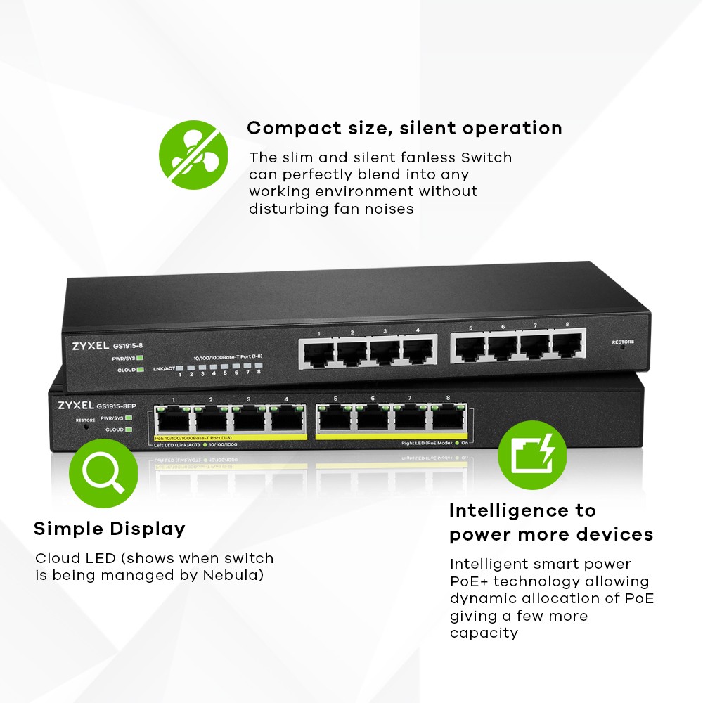 Switch ZYXEL GS1915-8EP (Managed L2, Gigabit Ethernet, Power over Ethernet, Crni)-1
