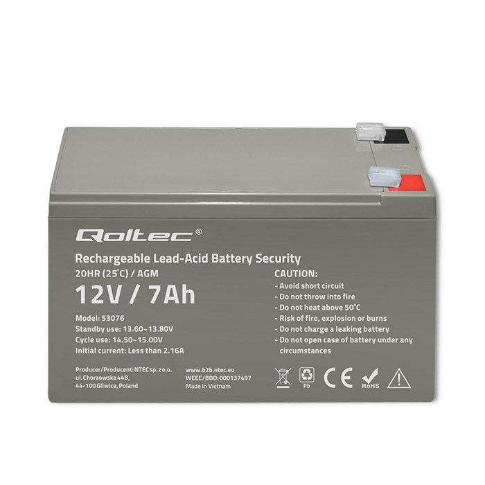 Qoltec 53076 AGM battery | 12V | 7Ah | max. 105A | Security-4