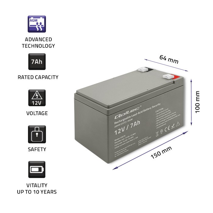 Qoltec 53076 AGM battery | 12V | 7Ah | max. 105A | Security-2