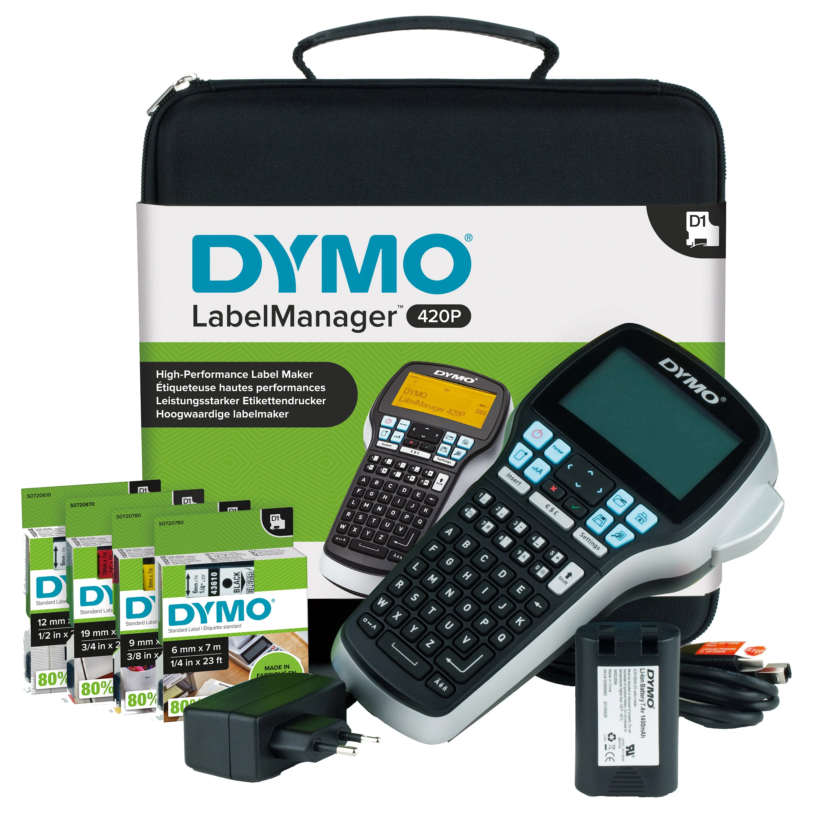 DYMO LabelManager™ 420P ABC Kitcase (10 formata naljepnica, memorija za 15 naljepnica, USB, punjiva, pozadinsko osvjetljenje)