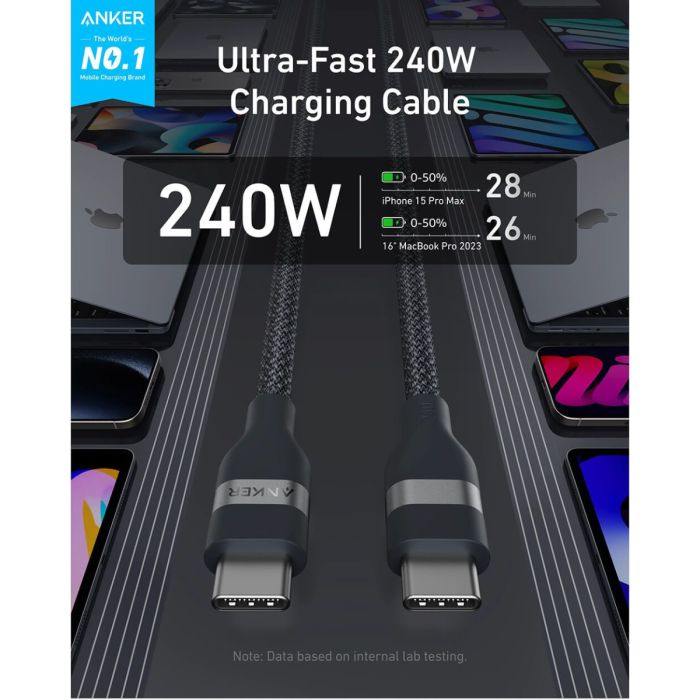 USB-C kabel ANKER A82E2 (Dužina 0.9 m, Brzo punjenje, USB Power Delivery do 240 W, Crna)-1