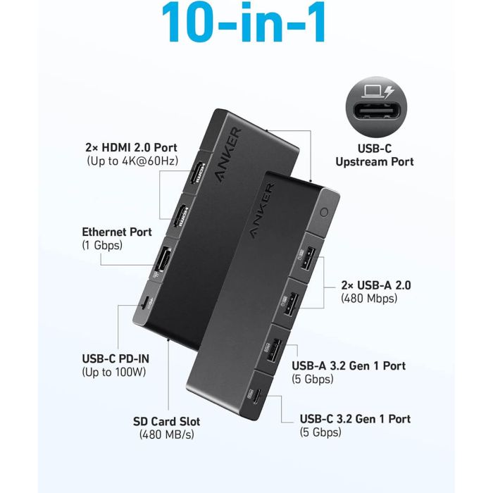 USB-C hub ANKER 364 (10-u-1, Dual 4K HDMI, Ethernet, SD, crni)-2