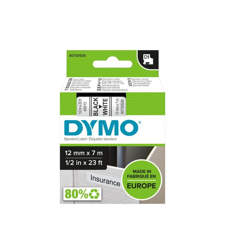 Traka za printer naljepnica DYMO D1 Standard (crni ispis na bijeloj podlozi, 12mm, 7m)-1