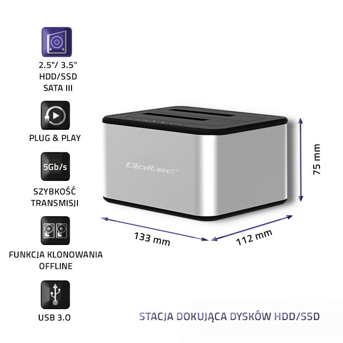 Docking station QOLTEC 5316 2x HDD / SSD 2.5"/3.5" SATA USB 3.0 Clonning-2