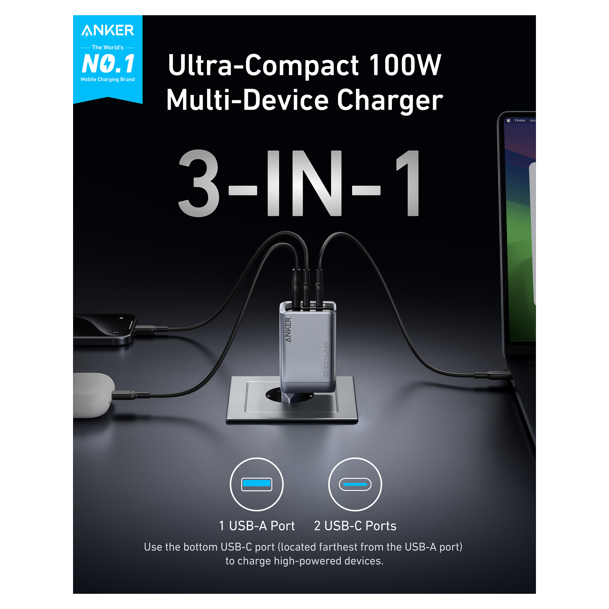 Punjač ANKER Prime GaN 100W 2x USB-C 1x USB-A-7