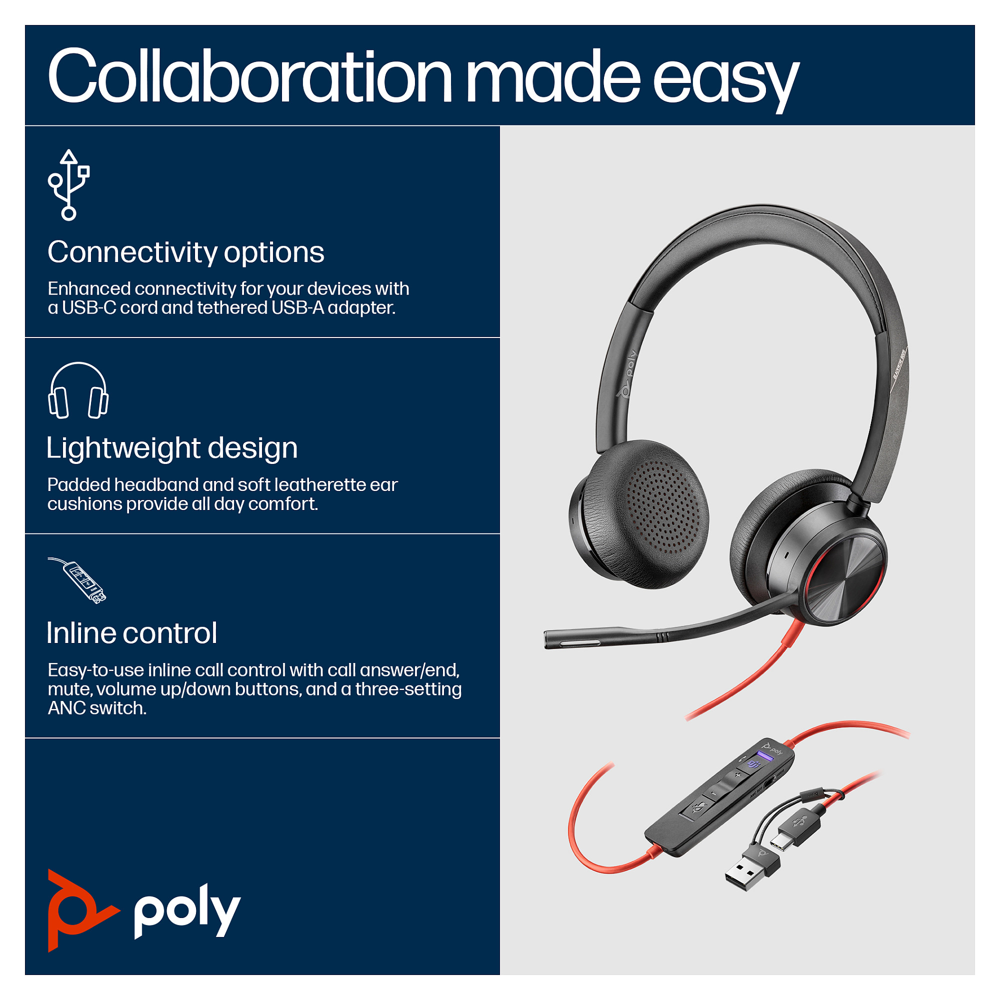 POLY Blackwire 8225 Stereo Microsoft Teams Certified USB-C Headset +USB-C/A Adapter-8