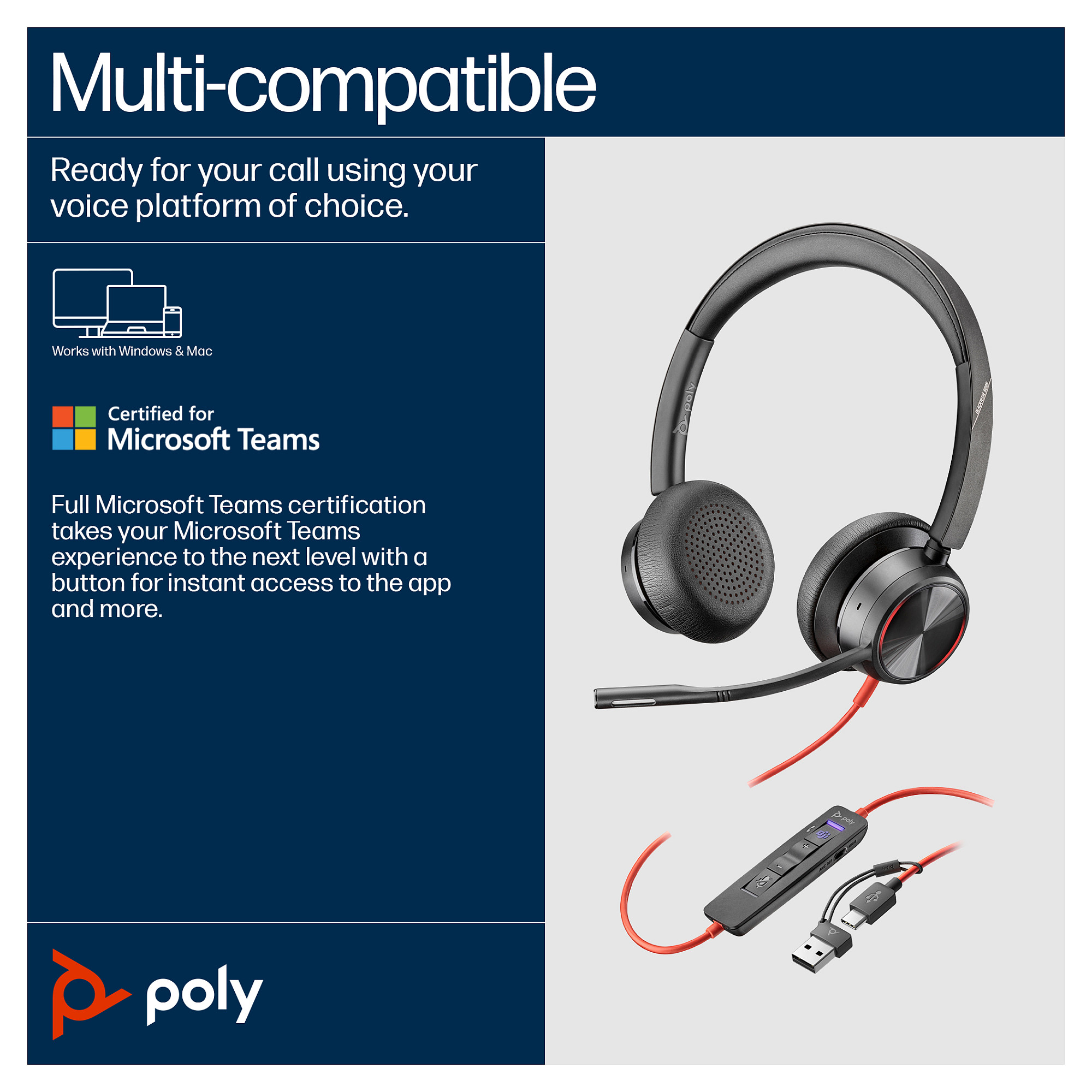 POLY Blackwire 8225 Stereo Microsoft Teams Certified USB-C Headset +USB-C/A Adapter-10