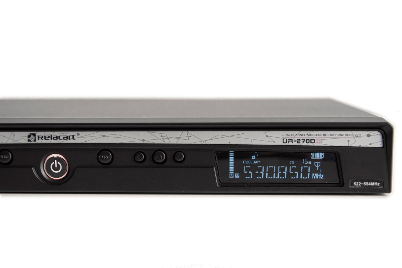 Receiver RELACART UR-270D UB-222 (rx sensitivity 5dBµV, operating range 80 m, weight 2 kg, signal-to-noise ratio 100 dB, dimensions 410 x 43 x 206 mm, frequency band 522 - 586 MHz, audio output xlr balanced, 6.3 jack unbalanced, power management dc 12-18v 1a, channels quantity 2 channels)-0