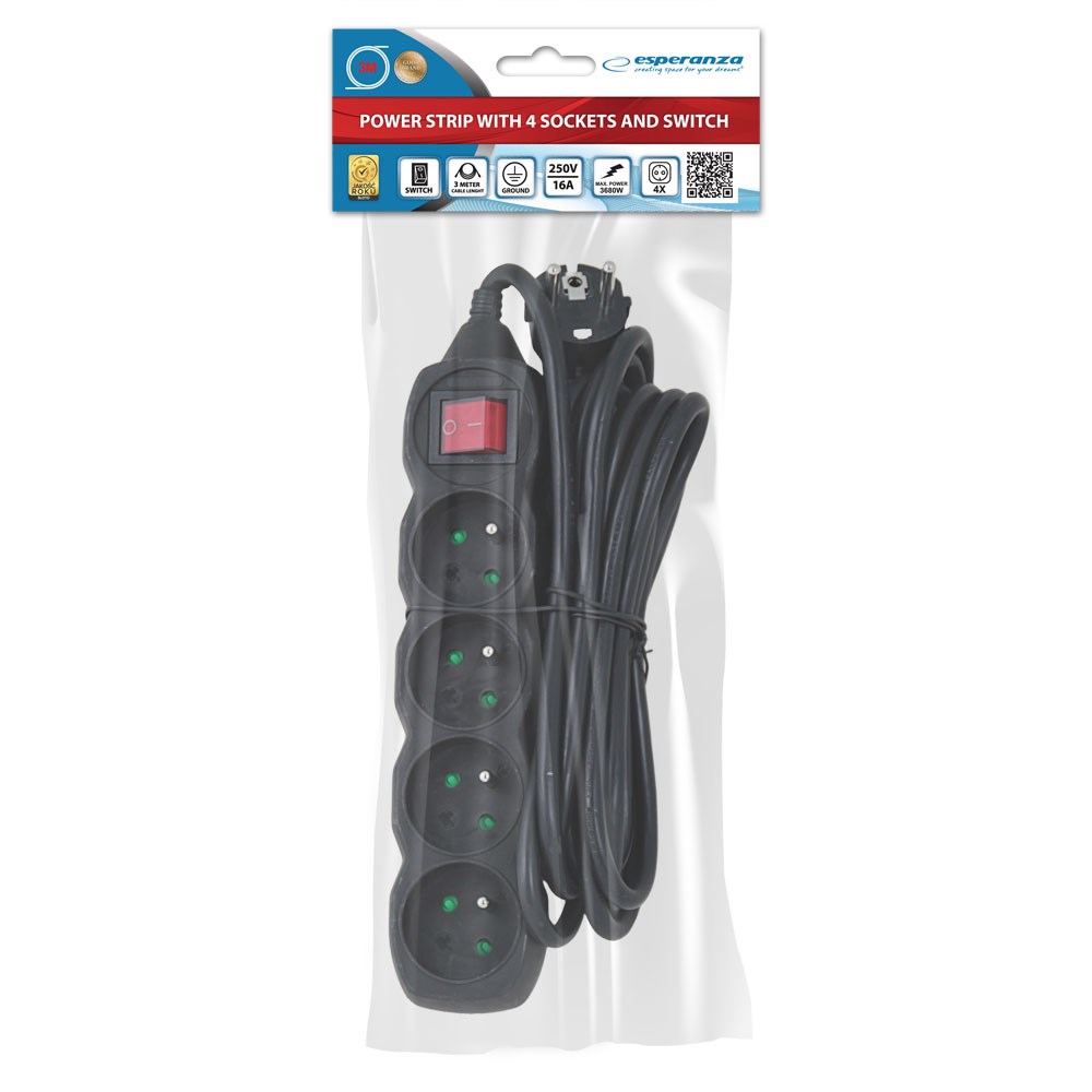 Power strip ESPERANZA ELK213K (4 utičnice, 3m, crna)-3