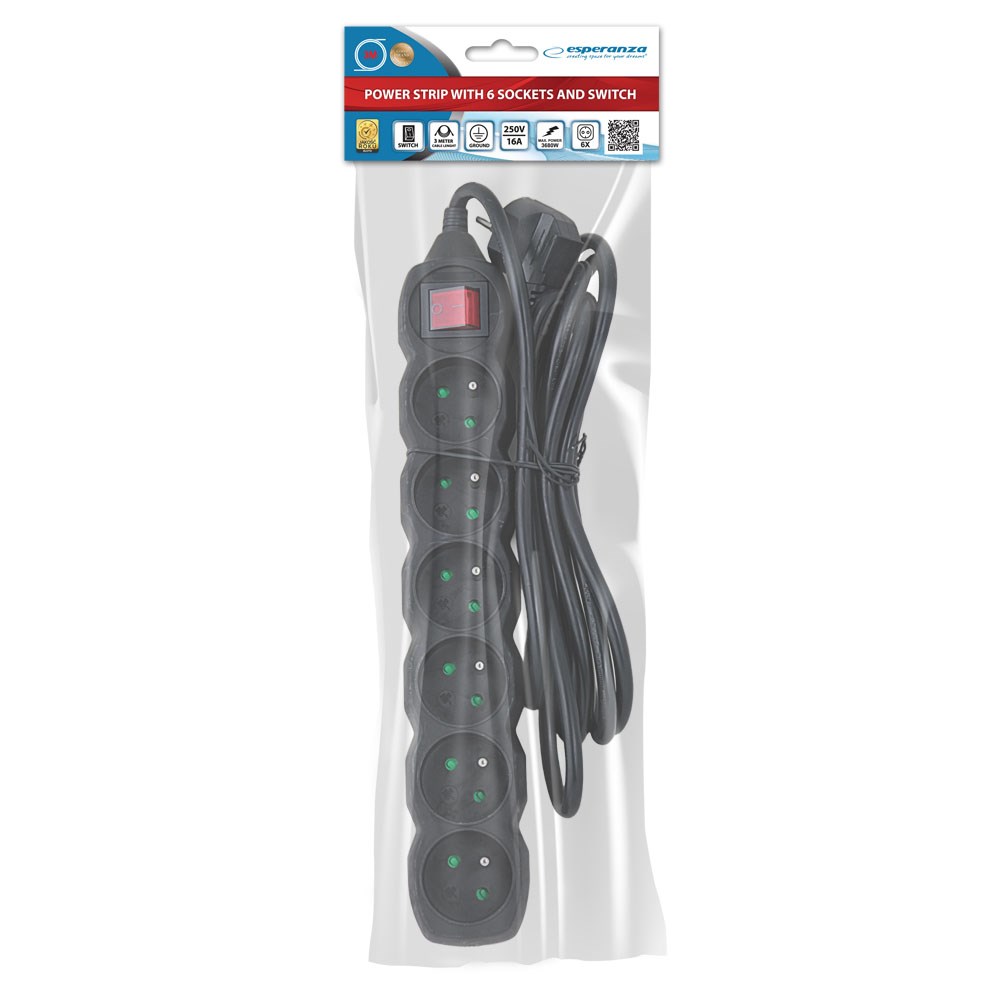Power strip ESPERANZA ELK218K (6 utičnica, 3 m, crna)-3