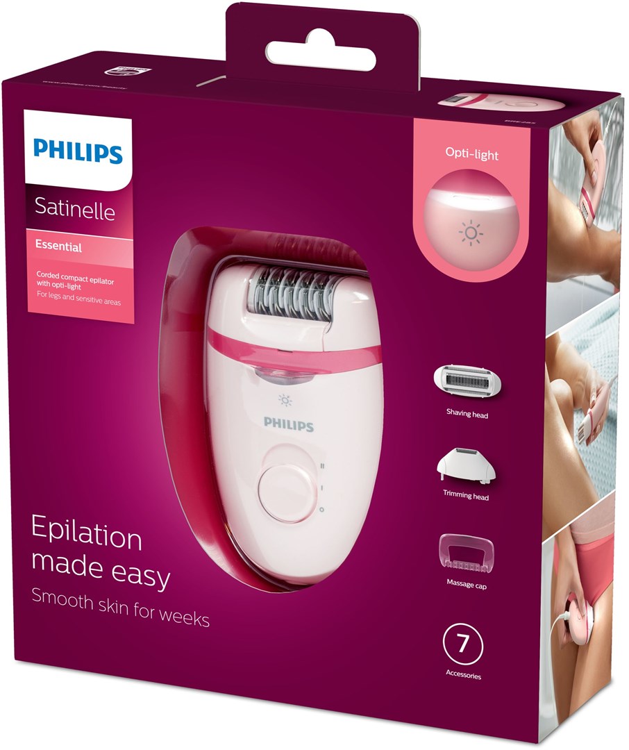 Epilator PHILIPS Satinelle Essential BRE275/00 (strujni, 2 brzine, Opti-light, periva glava, nastavak za brijanje, bijelo-rozi)-1