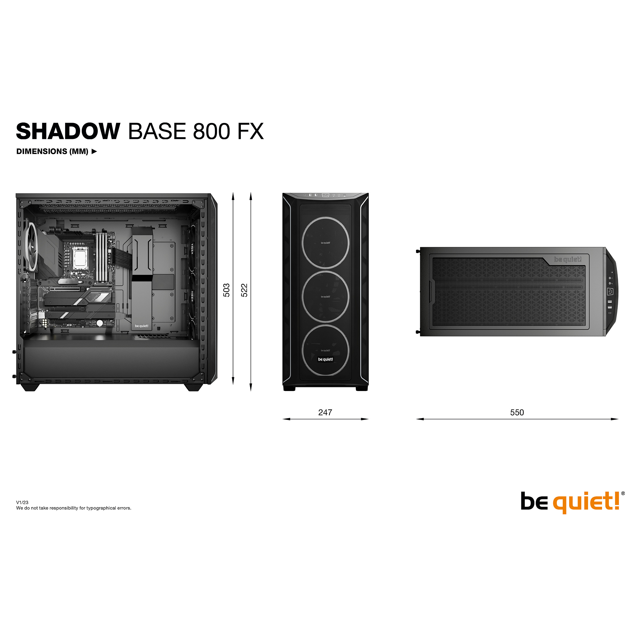 Kućište za računalo BE QUIET! Shadow Base 800 FX Black Midi Tower (USB 3.2 Gen 2, podrška za HDD 2.5" i 3.5", težina 12.3 kg, dimenzije 247x550x522 mm, podrška za ATX, micro ATX, Mini-ITX, EATX matične ploče)-12