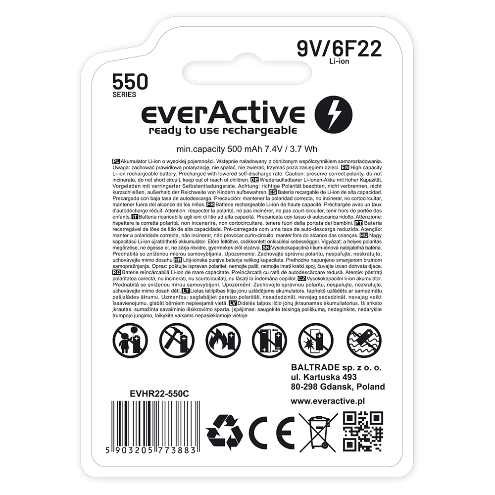 Litij-ionska baterija EVERACTIVE 6F22/9V (550 mAh, EVHR22-5)-4