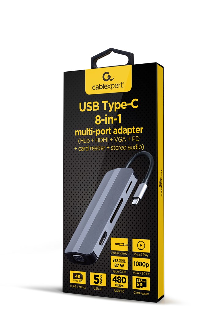 USB hub GEMBIRD A-CM-COMBO8-02 (usb-c, hdmi, vga, čitač kartica, srebrni)-1
