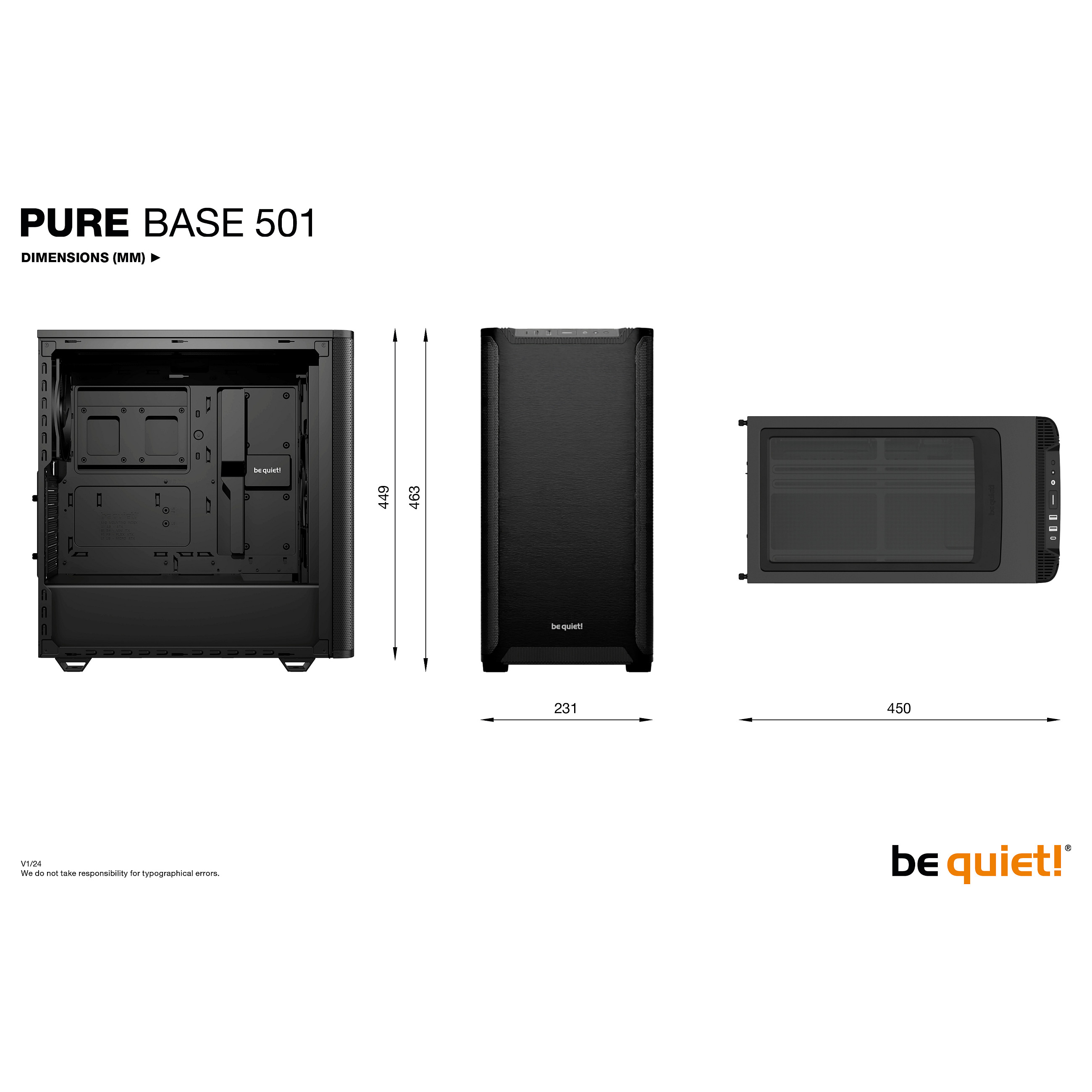 PC kućište BE QUIET! PURE BASE 501 Black Midi Tower (Midi Tower, ATX, micro ATX, Mini-ITX, 2x 3.5" bays, 5x 2.5" bays, 2x USB 3.2 Gen 2 Type-A, 1x USB 3.2 Gen 2 Type-C)-7