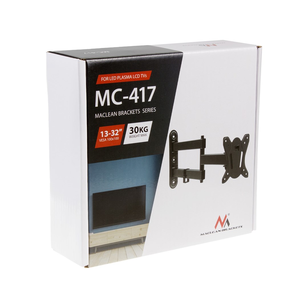 Držač za monitor MACLEAN MC-417 (crni, univerzalni, podesiva udaljenost od zida, rotacija, nagib, 13-32", max 30kg, VESA 100x100)-10