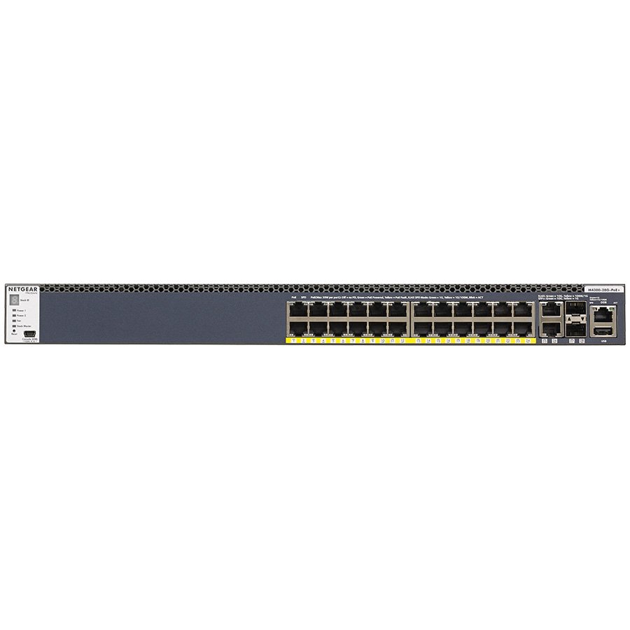 Prekidač NETGEAR M4300-28G-POE+ (bruto težina 21 kg, instalirana memorija 256 MB, veličina MAC adrese 16K, upravljačka vrata 1 (RJ-45), maksimalna potrošnja 1000 W, montaža rackmount, protokoli IPv4 IPv6 HTTPS Telnet SNMP MLDv1 RMON SSH, standardi IEEE 802.3ad IEEE 802.1AX, značajke Radius/TACACS+ PoE+, broj portova 28, USB 1 (4-pin USB (type A)), jamstvo 99999 mjeseci)-0