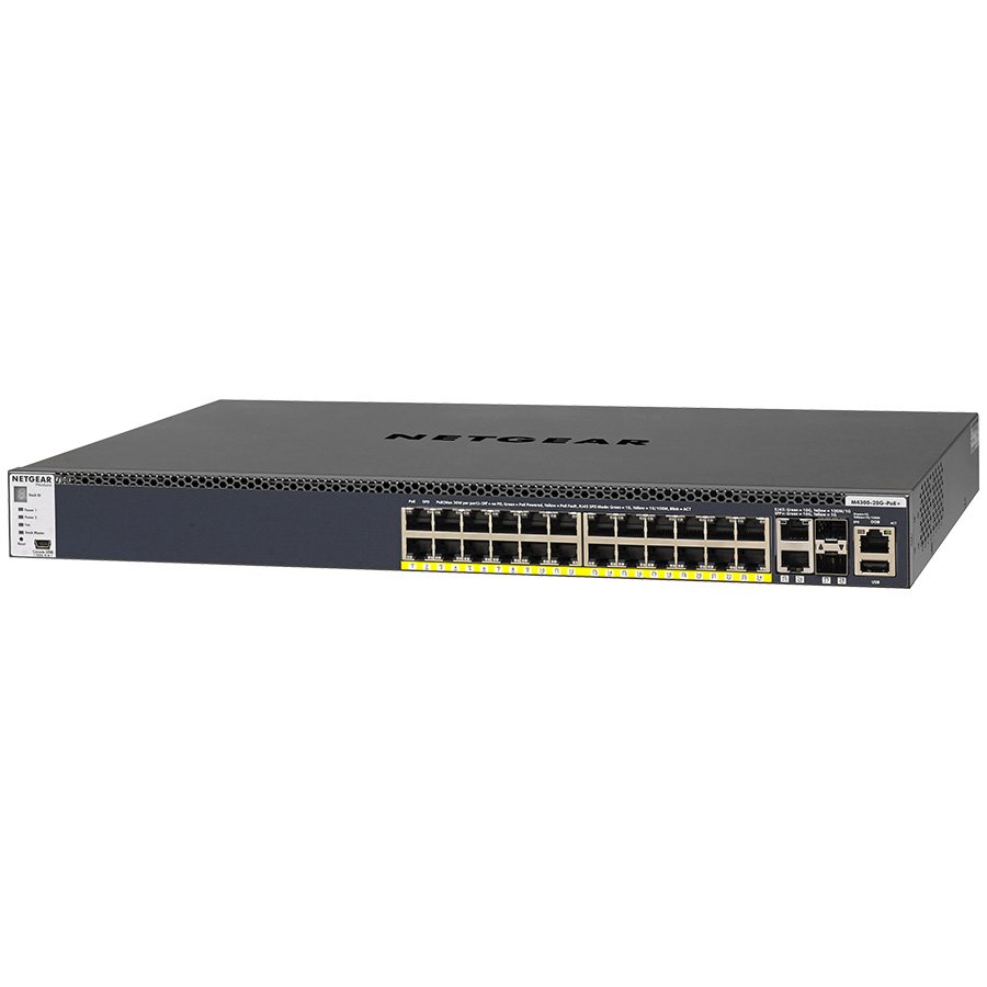 Prekidač NETGEAR M4300-28G-POE+ (bruto težina 21 kg, instalirana memorija 256 MB, veličina MAC adrese 16K, upravljačka vrata 1 (RJ-45), maksimalna potrošnja 1000 W, montaža rackmount, protokoli IPv4 IPv6 HTTPS Telnet SNMP MLDv1 RMON SSH, standardi IEEE 802.3ad IEEE 802.1AX, značajke Radius/TACACS+ PoE+, broj portova 28, USB 1 (4-pin USB (type A)), jamstvo 99999 mjeseci)-1