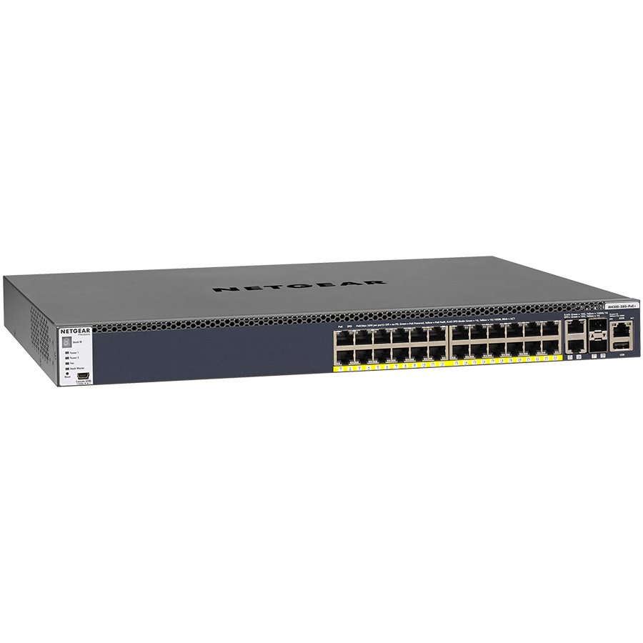 Prekidač NETGEAR M4300-28G-POE+ (bruto težina 21 kg, instalirana memorija 256 MB, veličina MAC adrese 16K, upravljačka vrata 1 (RJ-45), maksimalna potrošnja 1000 W, montaža rackmount, protokoli IPv4 IPv6 HTTPS Telnet SNMP MLDv1 RMON SSH, standardi IEEE 802.3ad IEEE 802.1AX, značajke Radius/TACACS+ PoE+, broj portova 28, USB 1 (4-pin USB (type A)), jamstvo 99999 mjeseci)-2
