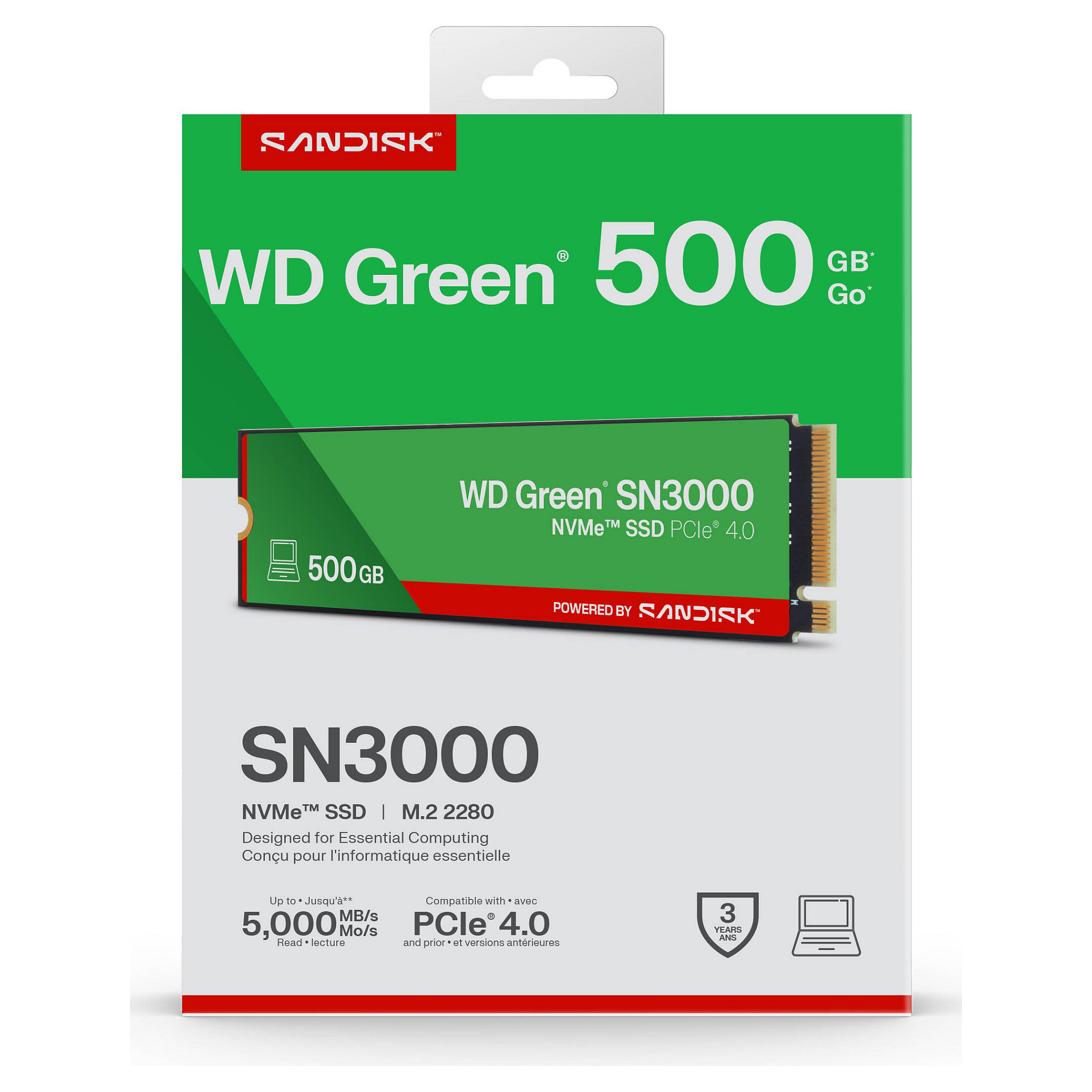 SSD WESTERN DIGITAL Dysk SSD WD Green SN3000 500GB M.2 NVMe (kapacitet 512 GB, čitanje 5000 MB/s, pisanje 4200 MB/s, PCIe 4.0, M.2 2280)-4