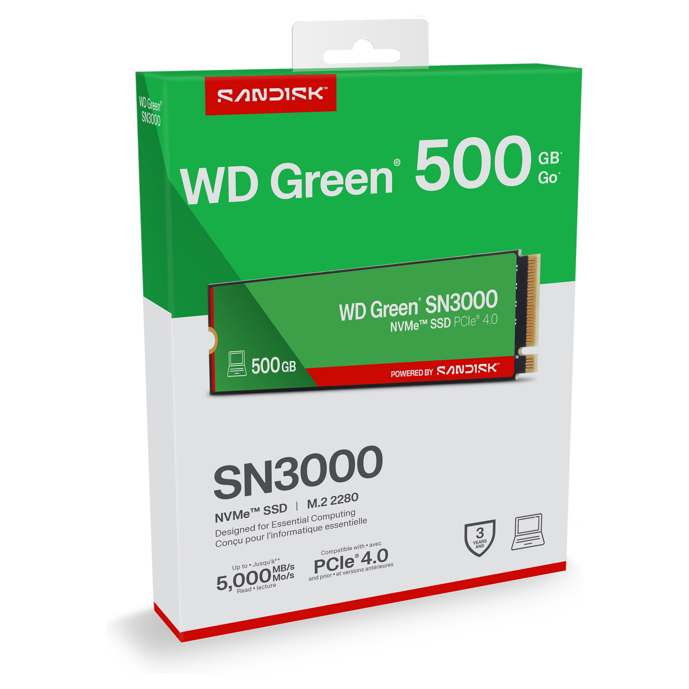 SSD WESTERN DIGITAL Dysk SSD WD Green SN3000 500GB M.2 NVMe (kapacitet 512 GB, čitanje 5000 MB/s, pisanje 4200 MB/s, PCIe 4.0, M.2 2280)-5