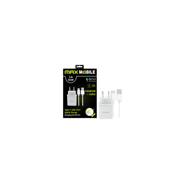 Kućni punjač MAXMOBILE SET 2U1 QC 3.0 QUICK CHARGE USB+ TYPE C, 3A,18W bijeli-0