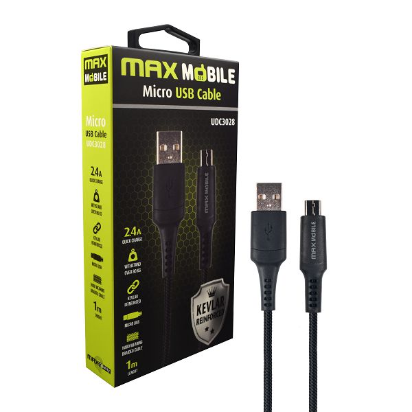 MAXMOBILE DATA KABEL MICRO USB UDC3028 KEVLAR crna 2.4A QC 1m