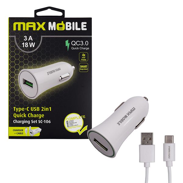 MAXMOBILE AUTO ADAPTER USB SC-106 QC 3.0,18W QUICK CHARGE 3A + TYPE C bijeli