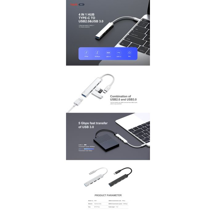 HAVIT 4X HUB HV-HB41 TYPE C (1x USB 3.0, 3x USB 2.0, aluminij, 5Gbps, 480Mbps)-4