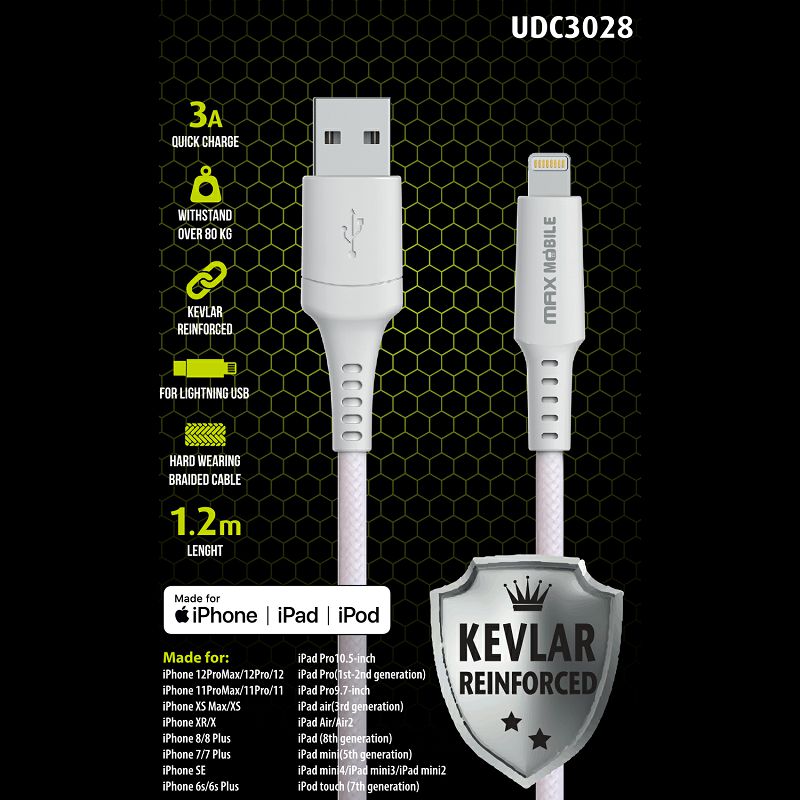MAXMOBILE DATA KABEL I-PHONE LIGHTNING-USB MFI Apple KEVLAR QC 3A 1,2m white-0