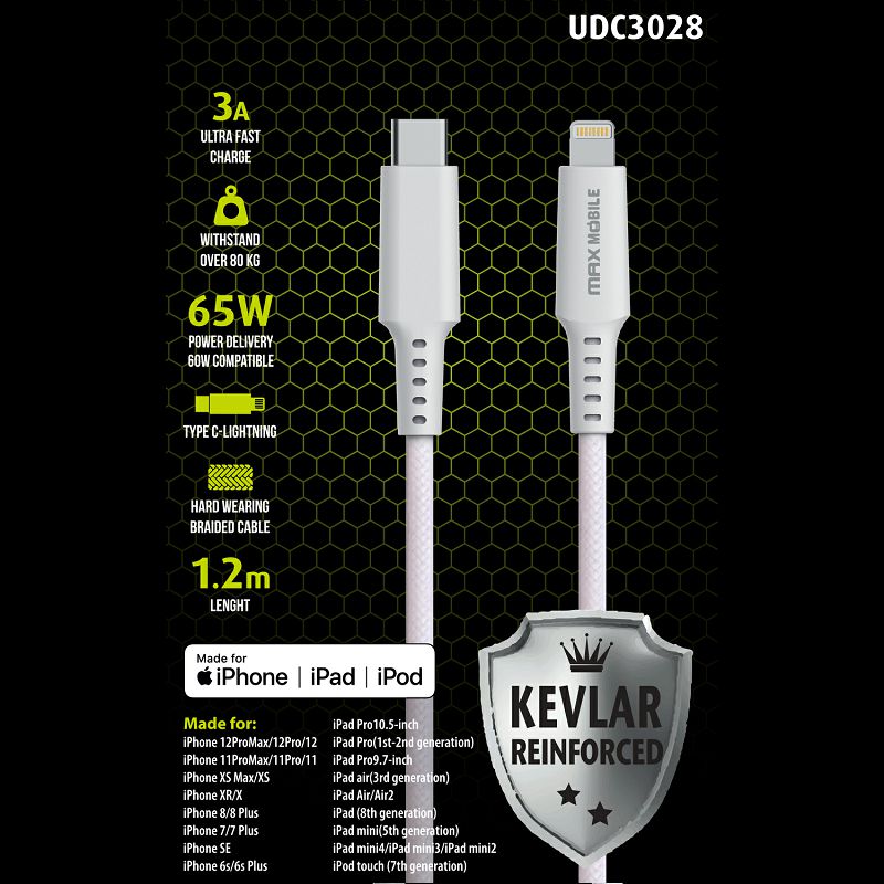 MAXMOBILE DATA KABEL I-PHONE LIGHTNING-TYPE C MFI Apple KEVLAR QC 3A 1,2m white-0