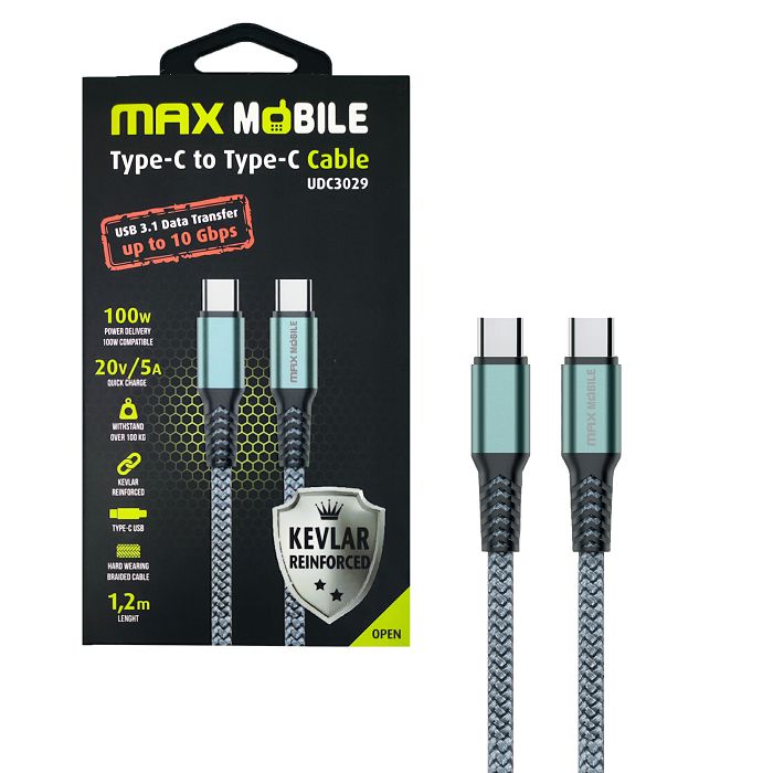 MAXMOBILE DATA KABEL TYPE C-TYPE C UDC3029 KEVLAR GRAY 3.1Gen.100W 5A 1.2m-2