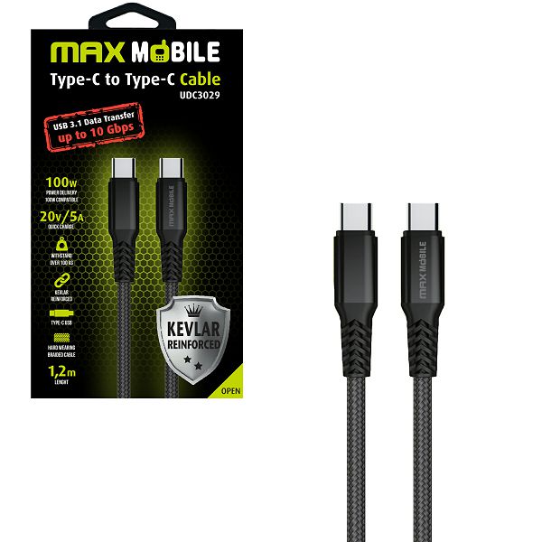 MAXMOBILE DATA KABEL TYPE C-TYPE C UDC3029 KEVLAR crna 3.1Gen.100W 5A 1.2m-0