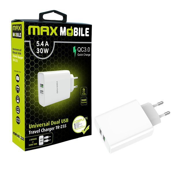 MAXMOBILE KUĆNI ADAPTER QC 3.0 QUICK CHARGE DUAL USB TR-255 5.4A,30W-0