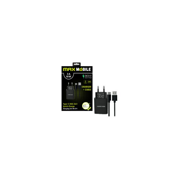 MAXMOBILE KUĆNI PUNJAČ SET 2U1 QC 3.0 QUICK CHARGE USB+ TYPE C, 3A,18W crni